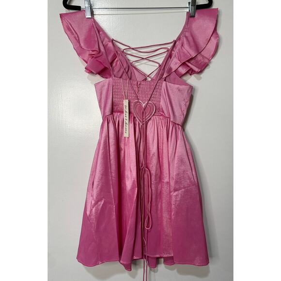 For Love & Lemons Lala Lace Up Mini Dress Pink Taffeta Small NWT Heart Detail - Picture 8 of 13